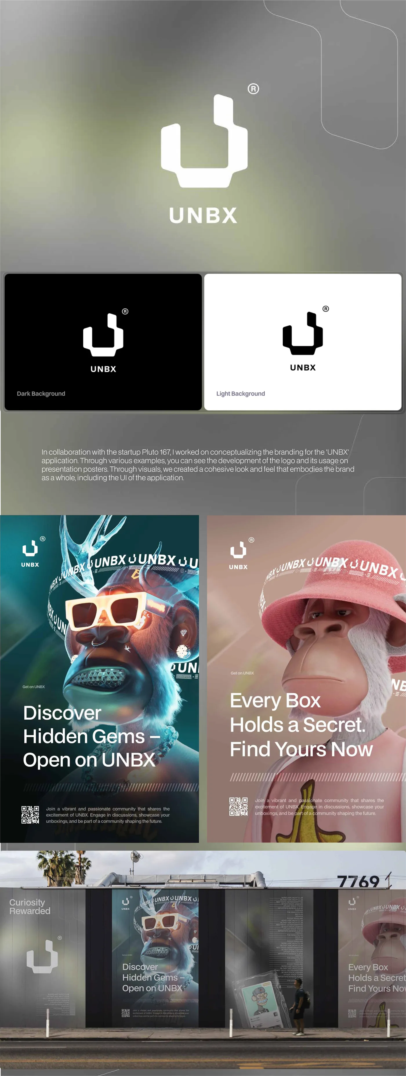 UNBX app branding: logo, posters and outdoor mock-ups