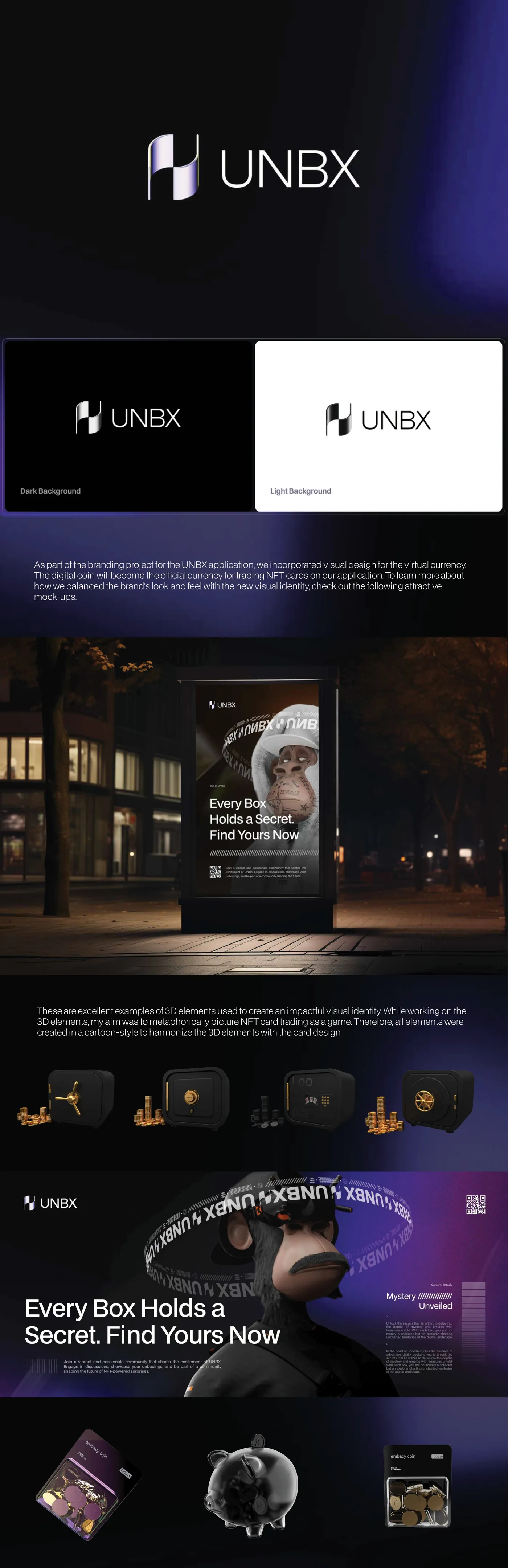 UNBX virtual currency branding, 3D elements and mock-ups