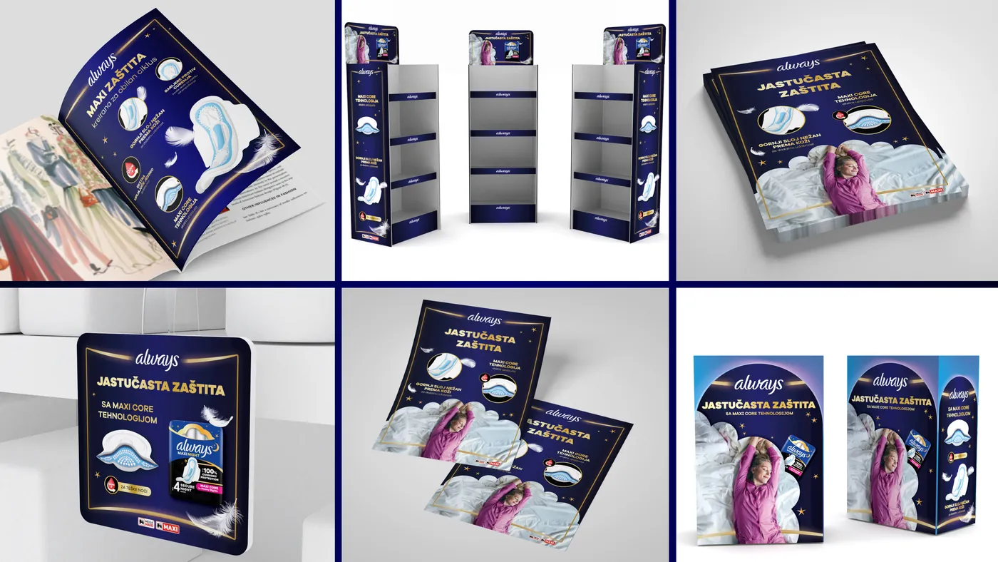 Always POS materials: magazine ad, floor stands, flyers and displays