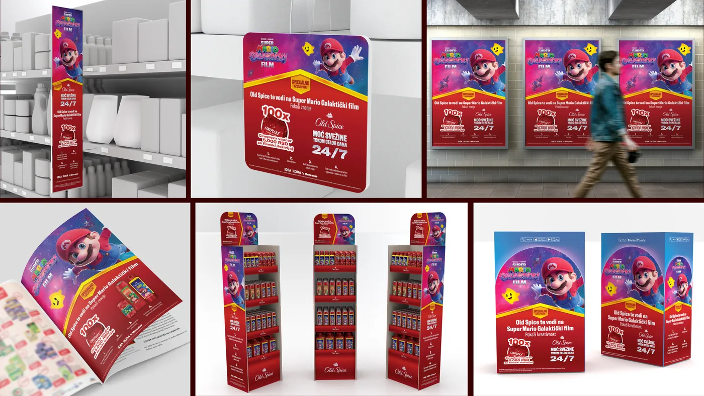 Old Spice × Super Mario POS materials: shelf wobbler, posters, floor stands